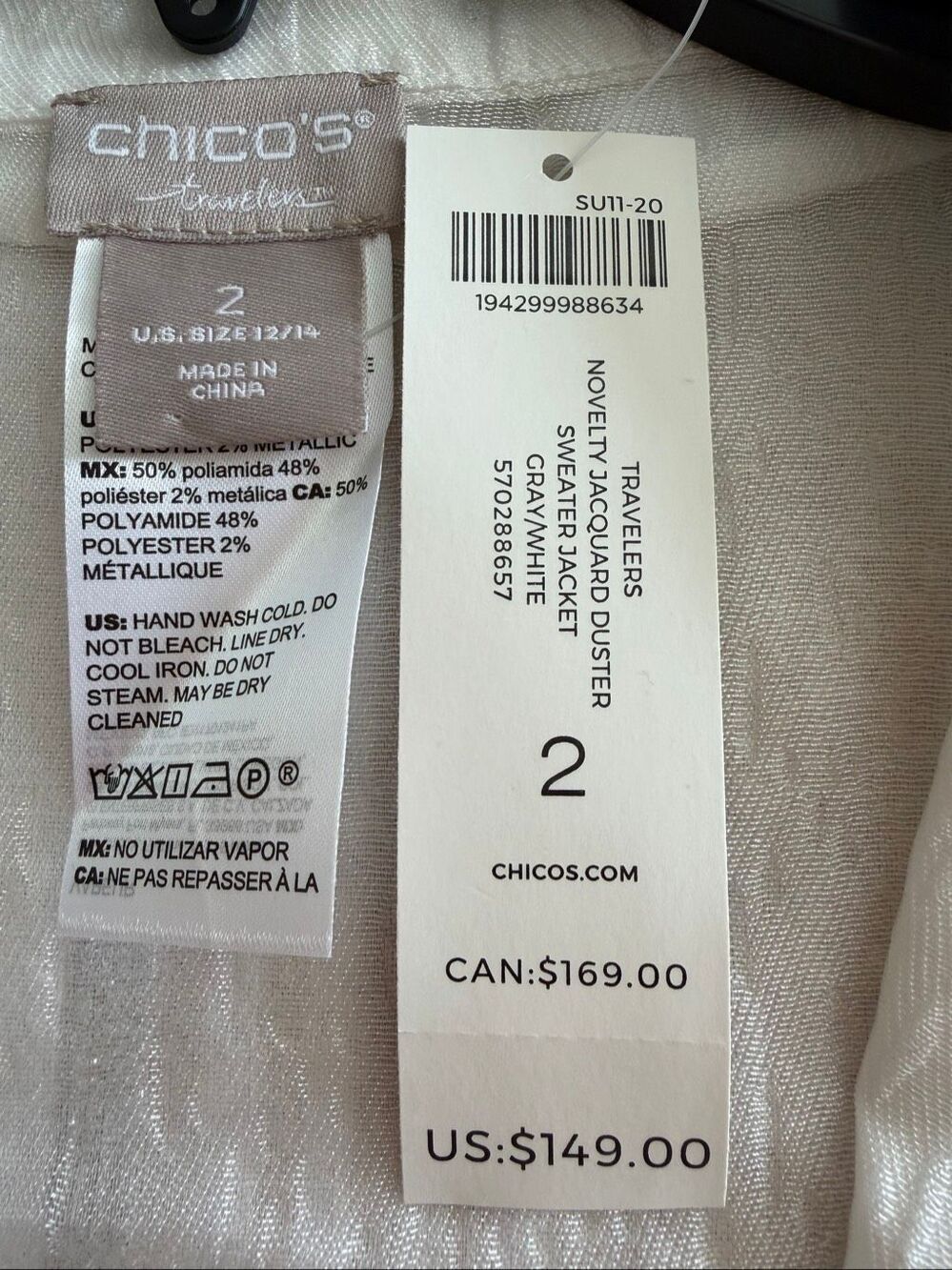 Chico’s Travelers Novelty Jacquard Sheer Duster Sweater Jacket Size 2 US12-14 - Picture 7 of 7